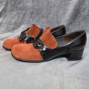 Vintage VAMOU Casuals Two Tone Suede Patent Leather oxford heels rust black 7N